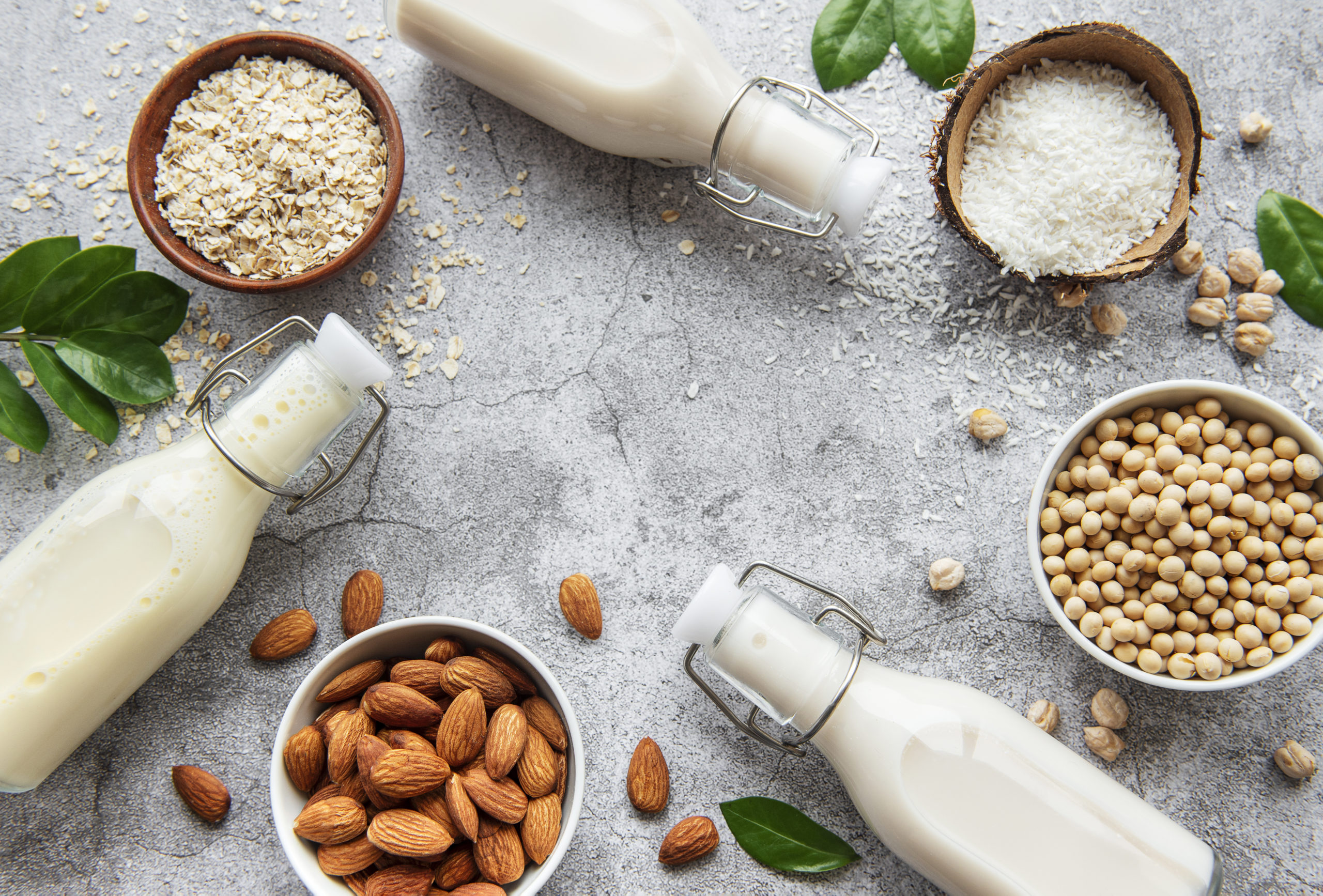 Alternative types of plant based product based milks in glass bottles